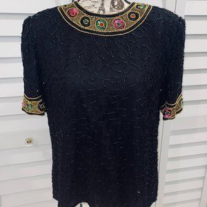 Vintage Laurence Kazar Sequined Keyhole Back Silk Top XL